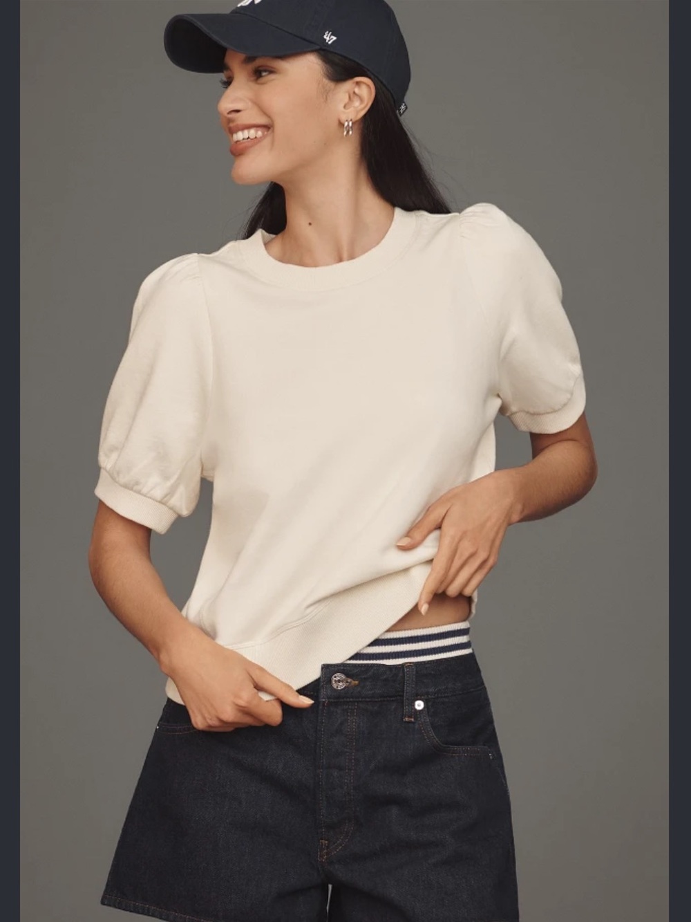 Maeve Anthropologie Puff-Sleeve Sweatshirt Tee Cream small Elevated basic